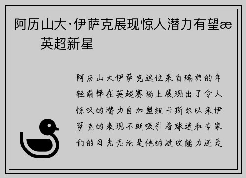 阿历山大·伊萨克展现惊人潜力有望成英超新星